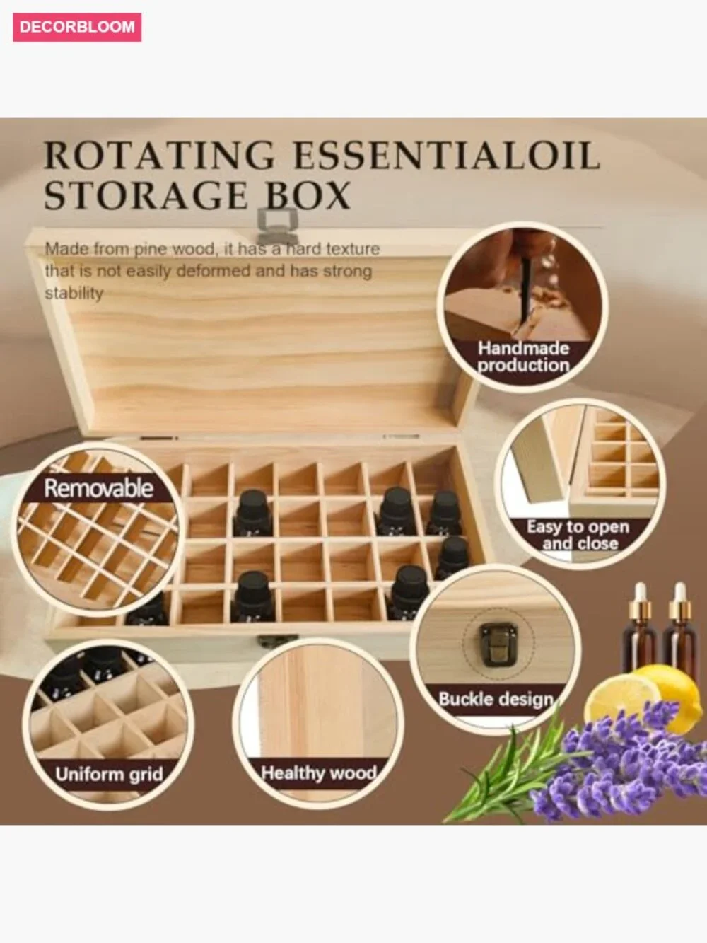 Wooden Essential Oil Travel Case for 32 Bottles, Lockable Storage Organizer